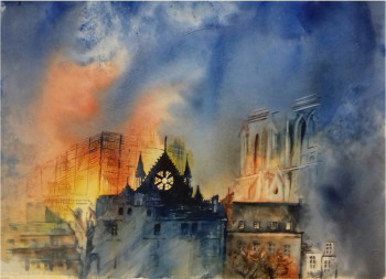 Œuvre contemporaine nommée « Notre Dame de Paris brûle », Réalisée par MONIQUE FESQUET