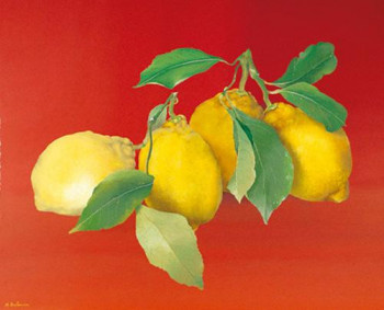 Œuvre contemporaine nommée « Citrons sur fond rouge », Réalisée par MARTHE BRILMAN