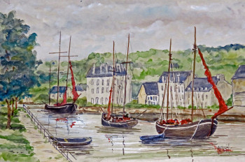 Œuvre contemporaine nommée « le port de Quimper au temps des vieux gréements », Réalisée par MICHEL HAMELIN