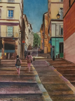 Œuvre contemporaine nommée « LES PENTES DE LA CROIX-ROUSSE A LYON », Réalisée par JACQUES TAFFOREAU