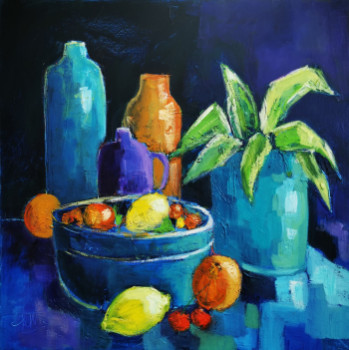 Œuvre contemporaine nommée « Composition bleue aux agrumes », Réalisée par PATRICK BRIERE