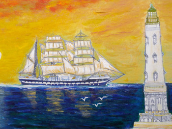 Œuvre contemporaine nommée « Le Belem et le phare de Cordouan », Réalisée par CLAUDINE MILON