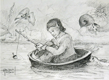 Œuvre contemporaine nommée « Le korrigan pêcheur dans une coquille de noix. », Réalisée par MICHEL HAMELIN