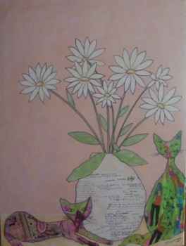 Œuvre contemporaine nommée « Bouquet aux chats », Réalisée par DEVAREWAERRE RéGINE