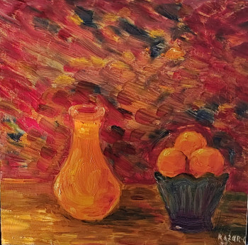 Œuvre contemporaine nommée « Nature morte bouteille et mandarines », Réalisée par KOZAR