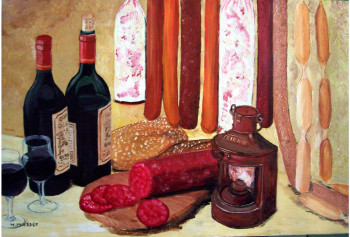 Œuvre contemporaine nommée « saucisson et vin rouge », Réalisée par NADINE MASSET