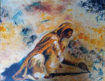 Œuvre contemporaine nommée « indienne dessinant sur le sable », Réalisée par GéRARD JOURNO