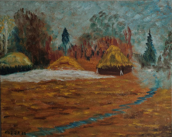 Œuvre contemporaine nommée « Paysage ukrainien avec un petit ruisseau et du foin », Réalisée par KOZAR