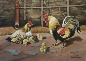 Œuvre contemporaine nommée « Coq et Poule la petite famille », Réalisée par MARIE COLIN