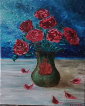 Œuvre contemporaine nommée « Roses dans un vase vert », Réalisée par KOZAR