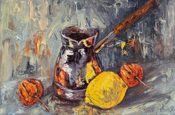 Œuvre contemporaine nommée « Cafetière avec citron et physalis », Réalisée par NADYA RIGAILL