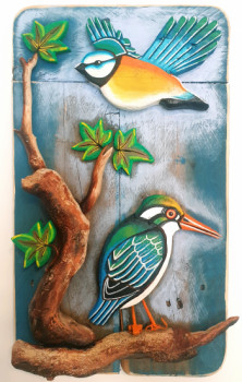 Œuvre contemporaine nommée « Oiseaux exotiques sur une branche », Réalisée par CHRISTOUCHEDUBOIS