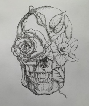Œuvre contemporaine nommée « Skull x Flowers », Réalisée par MAEV_INK