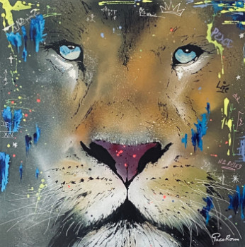 Œuvre contemporaine nommée « BLUE TAGS LION », Réalisée par PACOROUM