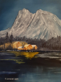 Œuvre contemporaine nommée « Lac émeraude à la nuit tombante », Réalisée par CAROLINE LEFEBVRE