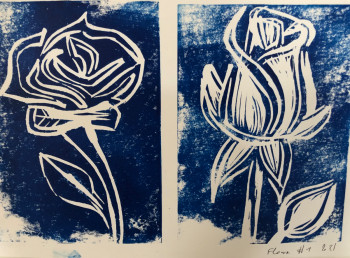 Œuvre contemporaine nommée « Flower blue linoprint #01 », Réalisée par AERH ARTS