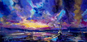 Œuvre contemporaine nommée « Bassin d'Arcachon en Lumière le soir », Réalisée par CHARLY