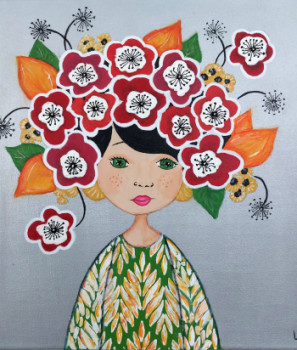 Œuvre contemporaine nommée « Tableau jeune fille aux fleurs », Réalisée par LAURENCE VERNET