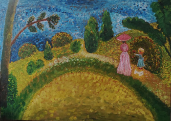 Œuvre contemporaine nommée « Dame en rose au bord de l'étang », Réalisée par KOZAR