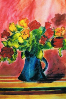 Œuvre contemporaine nommée « Roses dans un vase bleu », Réalisée par GENEVIèVE SARAZIN