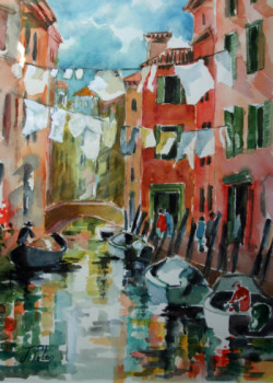 Œuvre contemporaine nommée « La Vie sur les Canaux de Venise (22-021) », Réalisée par JACQUELINE PELON