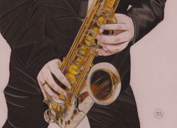 Œuvre contemporaine nommée « Les mélodies enchantées des mains du saxophoniste », Réalisée par PIRDESSINS