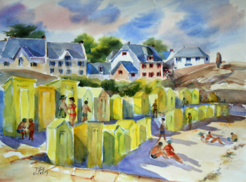 Œuvre contemporaine nommée « L'été sur la plage aux cabines jaune du port de Batz sur Mer. (21-003) », Réalisée par JACQUELINE PELON