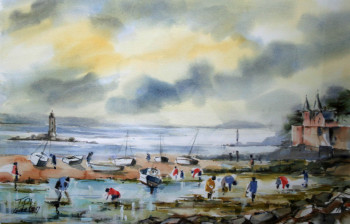 Œuvre contemporaine nommée « Partie de pêche à pied au Pouliguen (16-043) », Réalisée par JACQUELINE PELON
