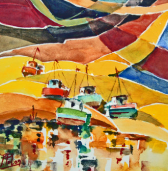 Œuvre contemporaine nommée « Flotille de pêche ensablée (23-012) », Réalisée par JACQUELINE PELON