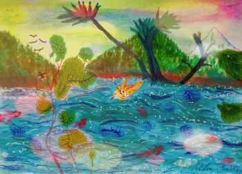 Œuvre contemporaine nommée « Reflet de la lumière sur l'île Paradis. », Réalisée par MITRA SHAHKAR