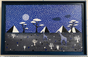 Œuvre contemporaine nommée « Mozahik Girafes ( Bleu Blanc Noir ) », Réalisée par FRANK