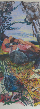 Œuvre contemporaine nommée « Couple allongé et quelques pintades dans les hautes herbes », Réalisée par ROXANE VERQUIN