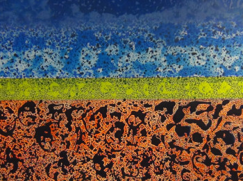 Œuvre contemporaine nommée « TOILE GRAND FORMAT - SIGNES NOIRS - ORANGE - JAUNE ET BLEUS », Réalisée par ASGRAPHE2023