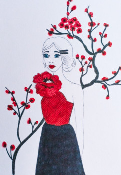 Œuvre contemporaine nommée « Fille devant un cerisier Japonais », Réalisée par MARJOCREART
