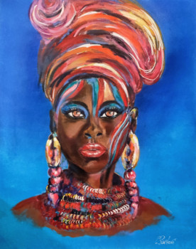 Œuvre contemporaine nommée « Femme africaine fond bleu », Réalisée par CLICKART+