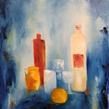 Œuvre contemporaine nommée « Bouteilles et orange », Réalisée par NADINE DE LESPINATS