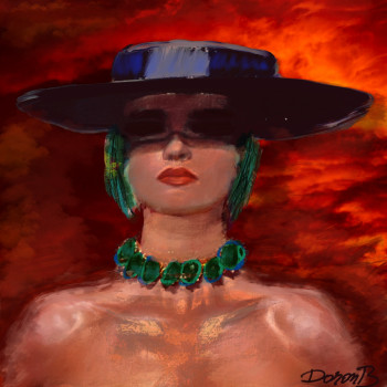 Œuvre contemporaine nommée « Girl with hat un red background », Réalisée par DORON B