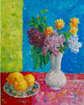 Œuvre contemporaine nommée « citron et fleurs de printemps », Réalisée par LAYAL DALALE
