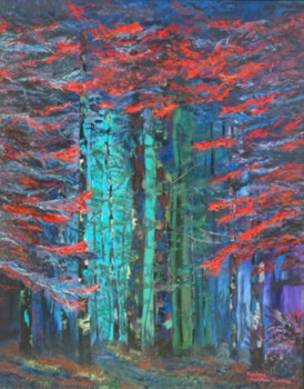 Œuvre contemporaine nommée « Forêt rouge au crépuscule », Réalisée par MARILYNE MARILLEAU GUERRIAU