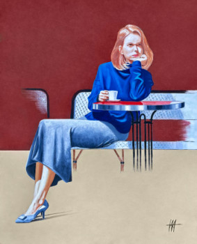 Œuvre contemporaine nommée « Femme en bleue à la terrasse d'un café », Réalisée par VENTURINI JEAN JACQUES