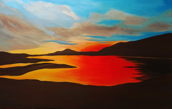Œuvre contemporaine nommée « coucher de soleil sur le lac de Saint Cassien », Réalisée par ANNE DE MASSIAC