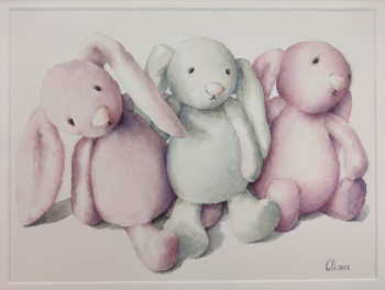 Œuvre contemporaine nommée « Peluches, trois petits lapins », Réalisée par VAL.H