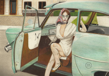 Œuvre contemporaine nommée « Elégance et vieille voiture. », Réalisée par PIRDESSINS