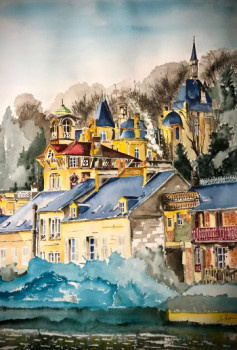 Œuvre contemporaine nommée « Village de Pierrefonds bordure de l'étang », Réalisée par LUTHER