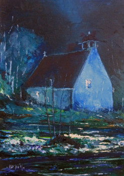 Œuvre contemporaine nommée « Nuit d'orage sur la chapelle à Pont Aven », Réalisée par MICHEL HAMELIN