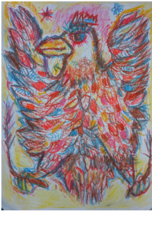Œuvre contemporaine nommée « American eagle aigle royale couleurs vives, pastels sur feuille, 21x30cm. Style art brut art singulier », Réalisée par SYLVAIN DEZ