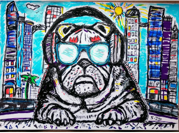 Œuvre contemporaine nommée « Tableau Peinture Chien Bouledogue Musique Fun Casque audio 21x30cm/feuille signé », Réalisée par SYLVAIN DEZ