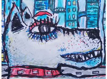 Œuvre contemporaine nommée « Le chien en ville peinture 21x30cm/feuille », Réalisée par SYLVAIN DEZ