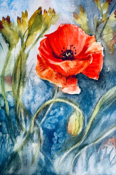 Œuvre contemporaine nommée « Poppy, coquelicot à l'aquarelle », Réalisée par LUCIE FRANCE