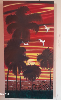 Œuvre contemporaine nommée « palmiers coucher de soleil », Réalisée par JEAN MARC CLOVIS